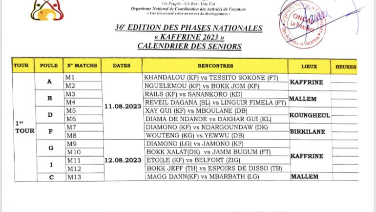 36° EDITION DES PHASES NATIONALES «KAFFRINE2023 » CALENDRIER DES SENIORS